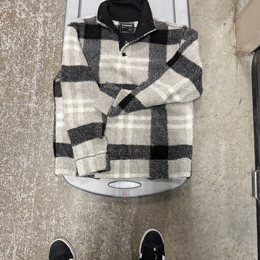 Express Black and Gray Checkered Zip-Up Sweater
